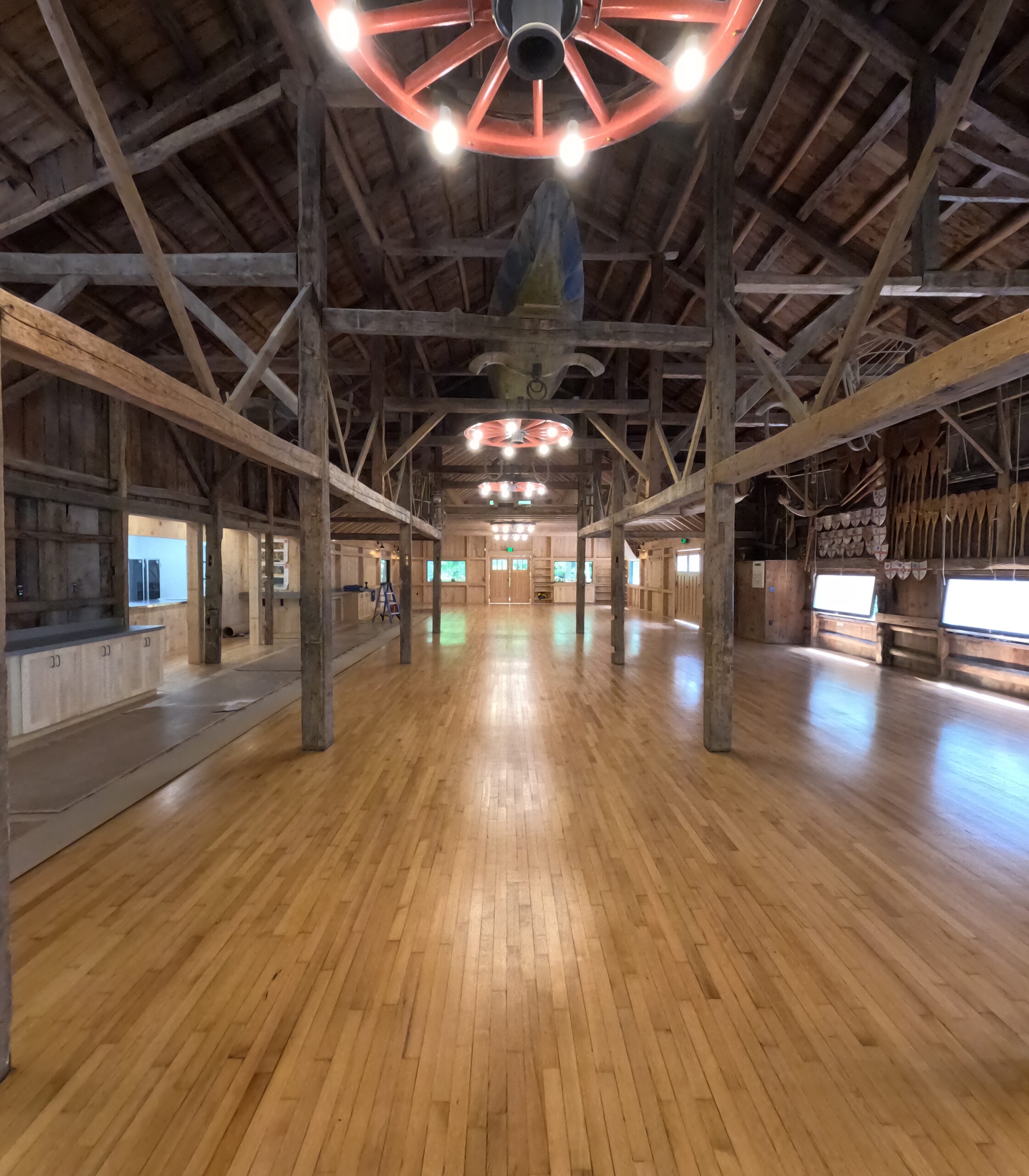 dining hall with polished floors and timber frame