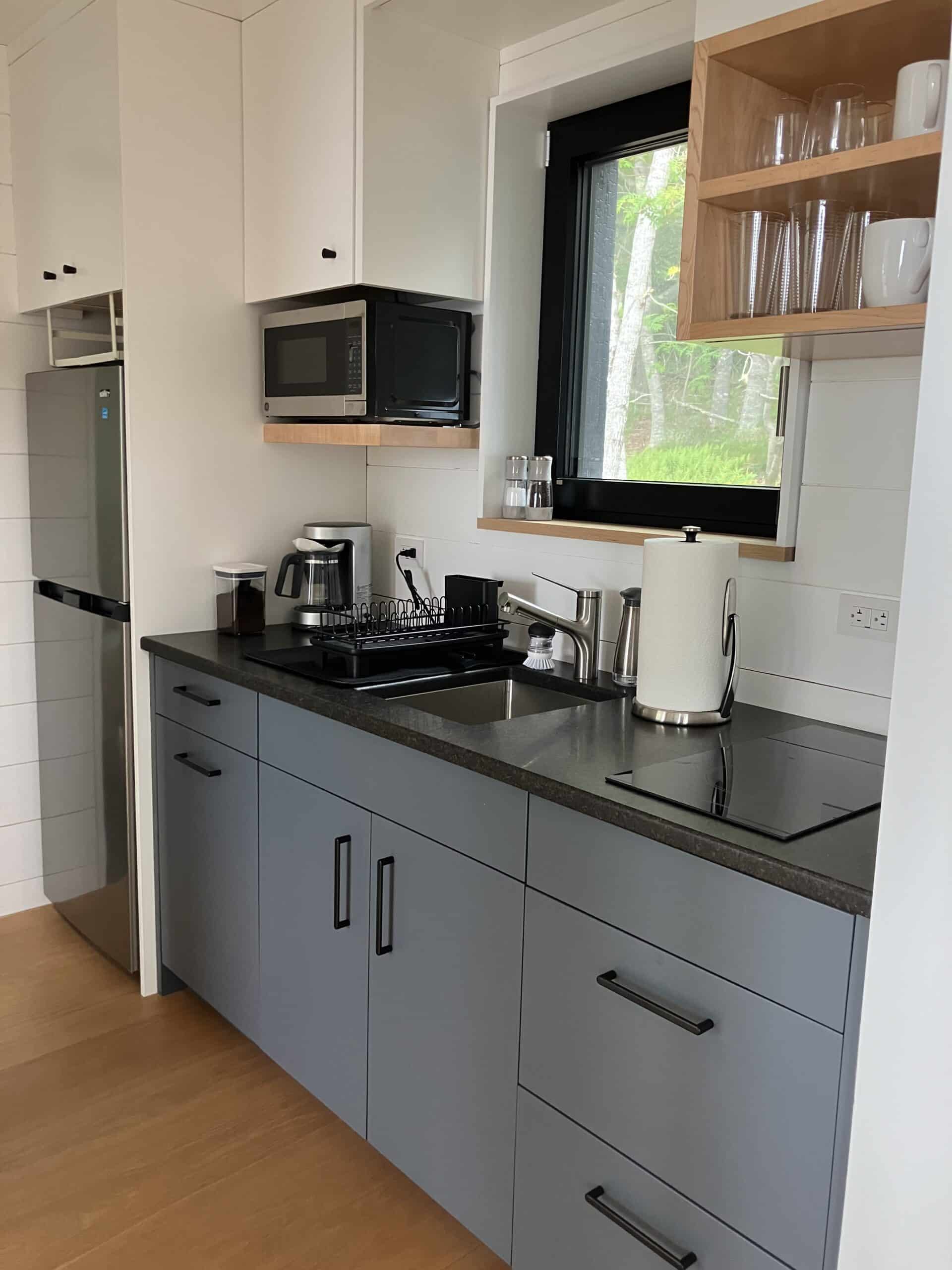 Custom build kitchen in the guest house of a panelized house on the Maine coast.