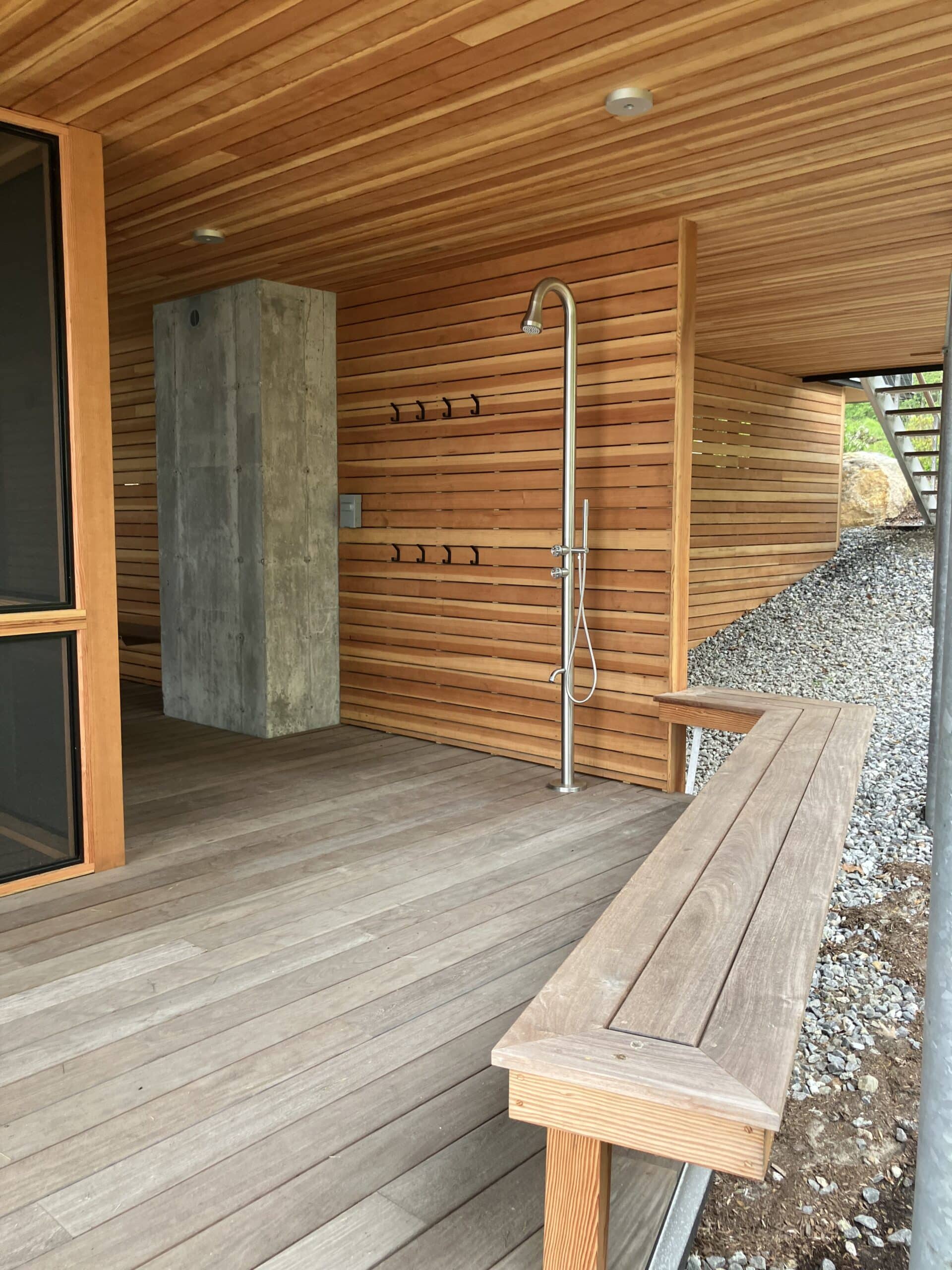 Outdoor shower on the bottom deck.