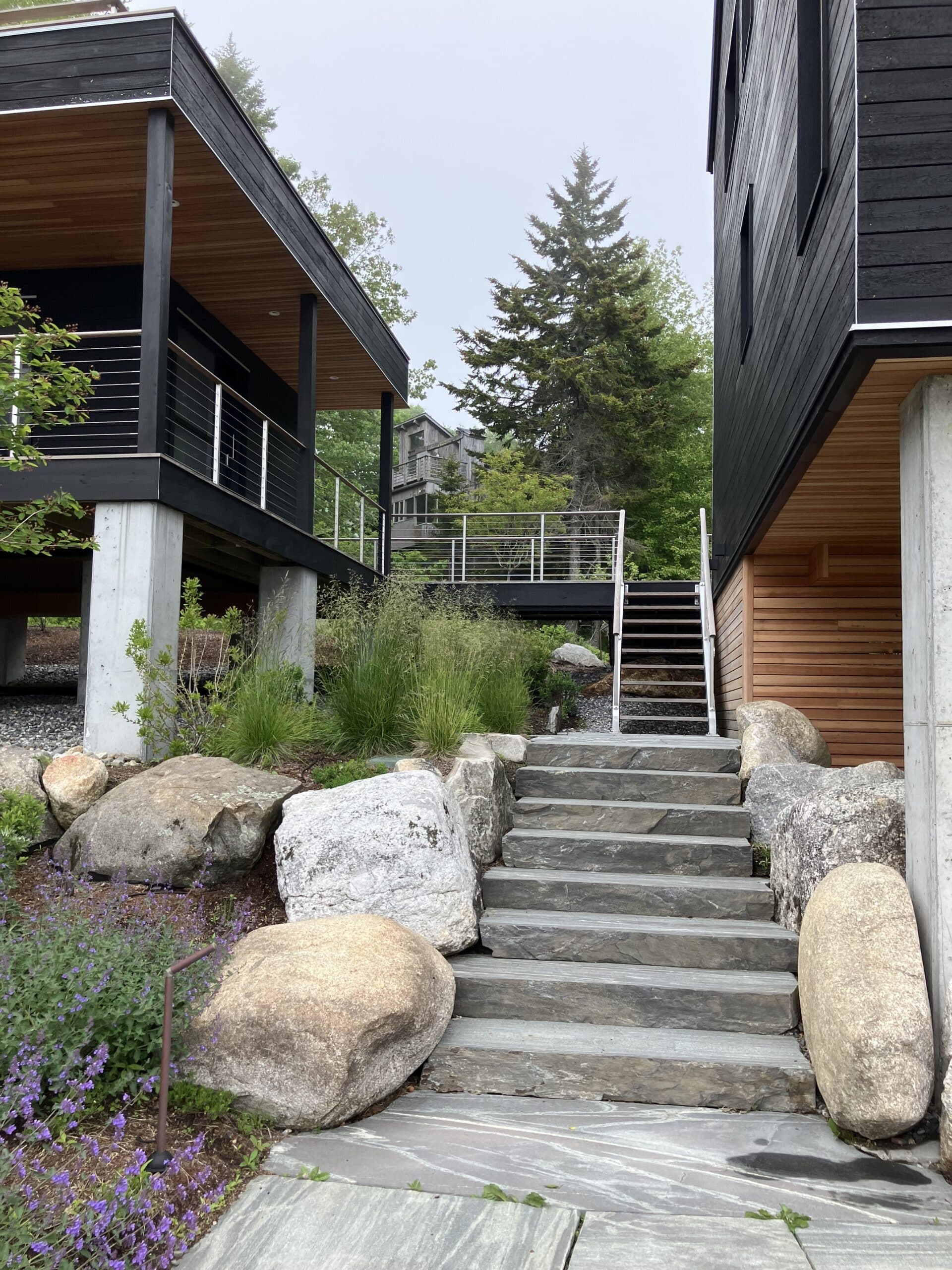 Steps leading up between the guest house and the main house on a coastal property in Maine